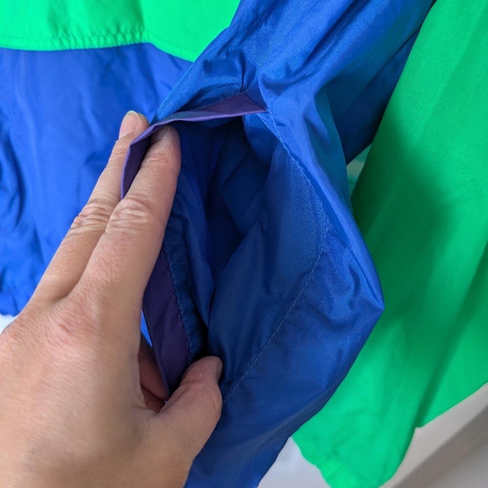 Vintage Badge Windbreaker, Neon Green, Blue, & Purple Hooded Half- Zip, Size L - Picture 6 of 14